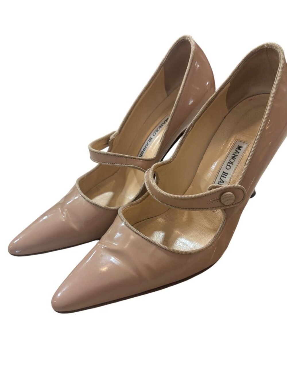 Manolo Blahnik Campari 36 Nude Patent Leather Mary Jane Pointed Toe Pumps Heels